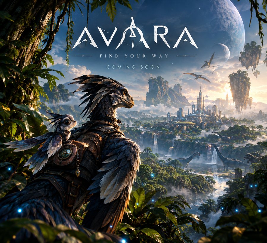 AVARA key art: a feathered Troodon wayfinder with a small companion looks out over a jungle valley